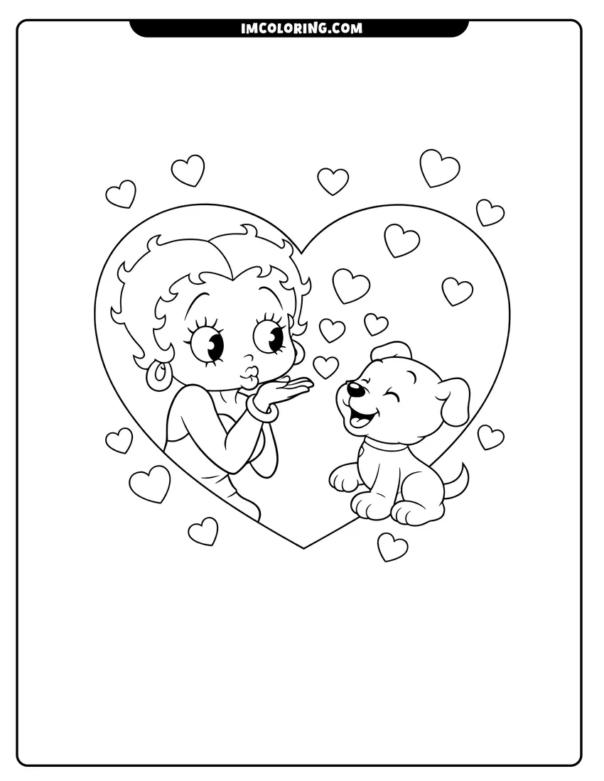 Betty Boop blowing a kiss to Pudgy coloring page for preschoolers