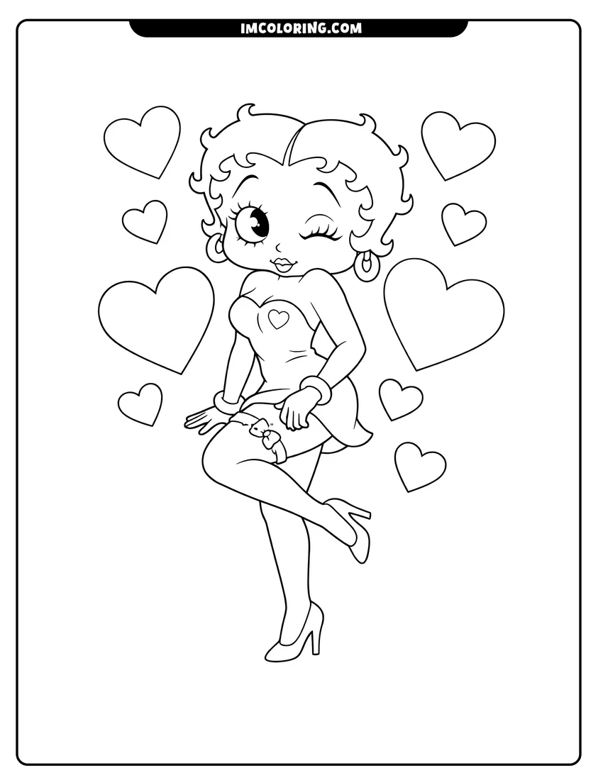 Simple line drawing of Betty Boop wearing a strapless dress with hearts