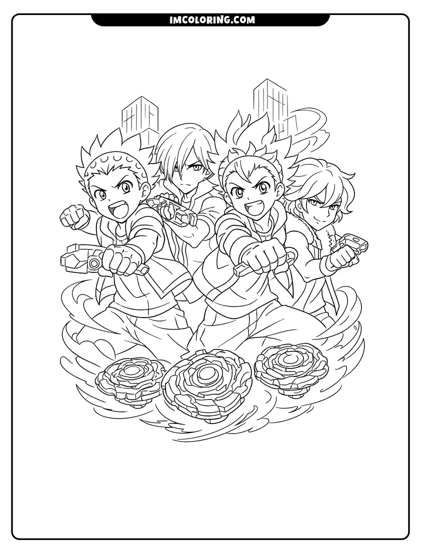 Printable coloring page featuring Valt, Shu, Aiger, and Free in dynamic poses