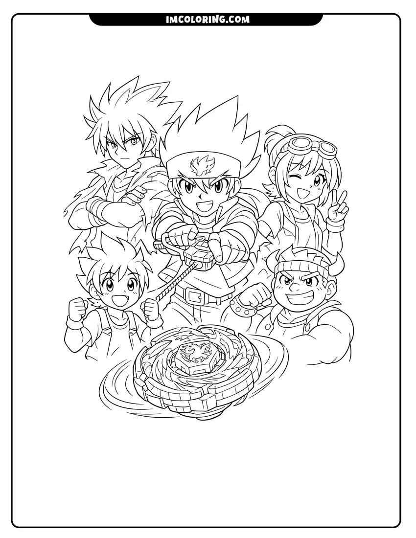 Printable outline of Gingka, Kyoya, Kenta, Benkei, and Madoka together