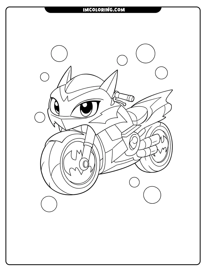 Simple sketch of Bibi the Batwheels motorcycle surrounded by floating circles for children
