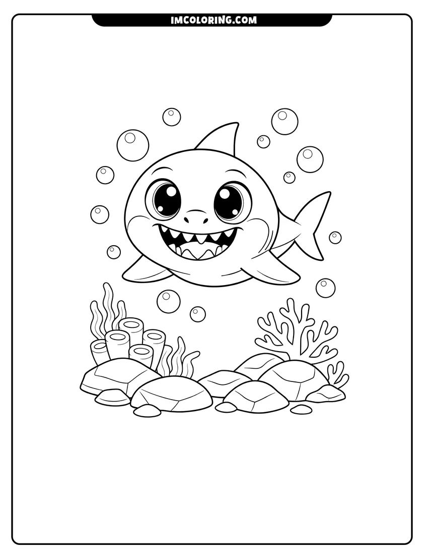 Outline of Baby Shark with huge eyes swimming over coral on a white background