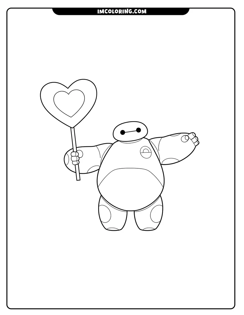 Black and white Simple Baymax holding a sign with a large heart coloring sheet