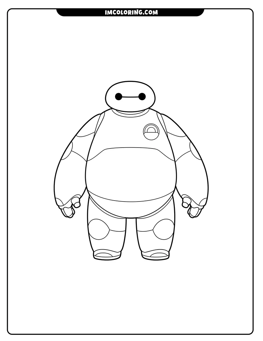 Printable coloring page featuring Friendly inflatable robot Baymax standing in a full-body pose