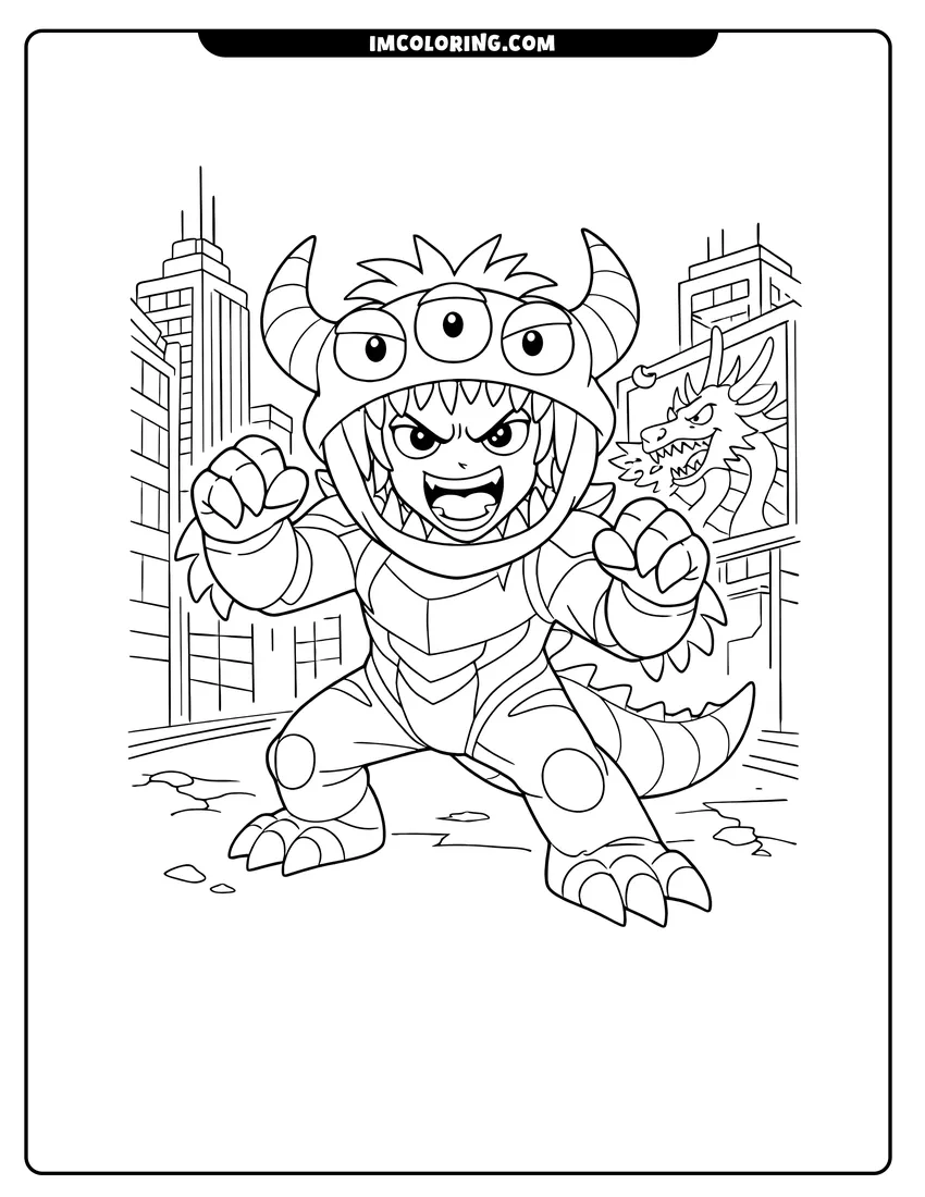 Printable Fred in his three-eyed Kaiju superhero suit coloring activity