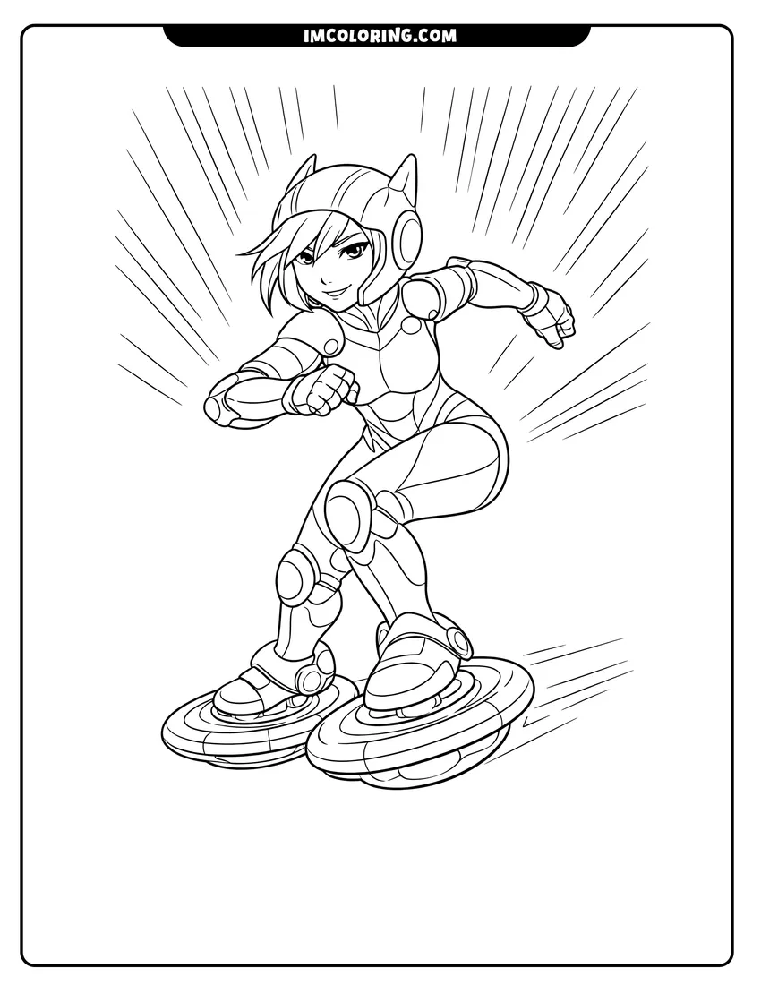 Kids activity sheet showing GoGo Tomago skating dynamically on mag-lev disc wheels