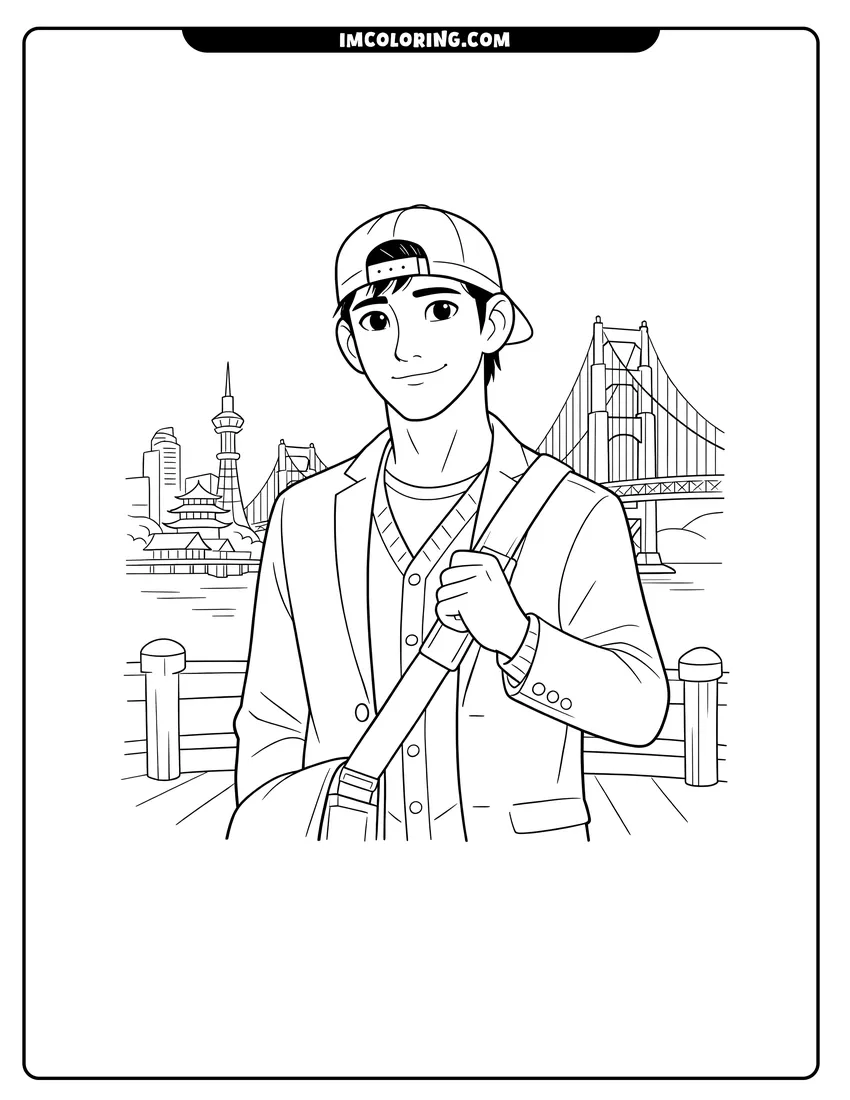 Coloring sheet of Tadashi Hamada on a pier with the city skyline for kids