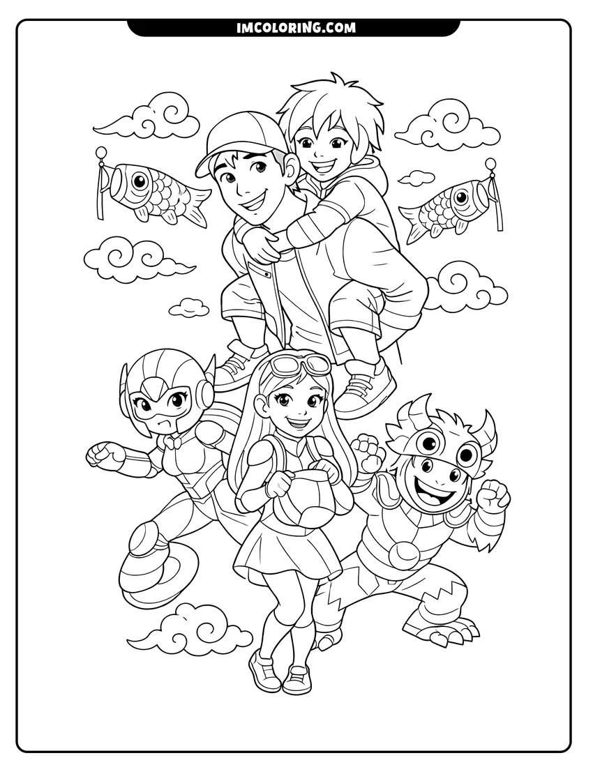 Detailed Tadashi, Hiro, and the Big Hero 6 team design for coloring