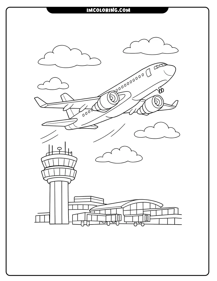 Simple sketch of Passenger airplane ascending above an airport control tower for children