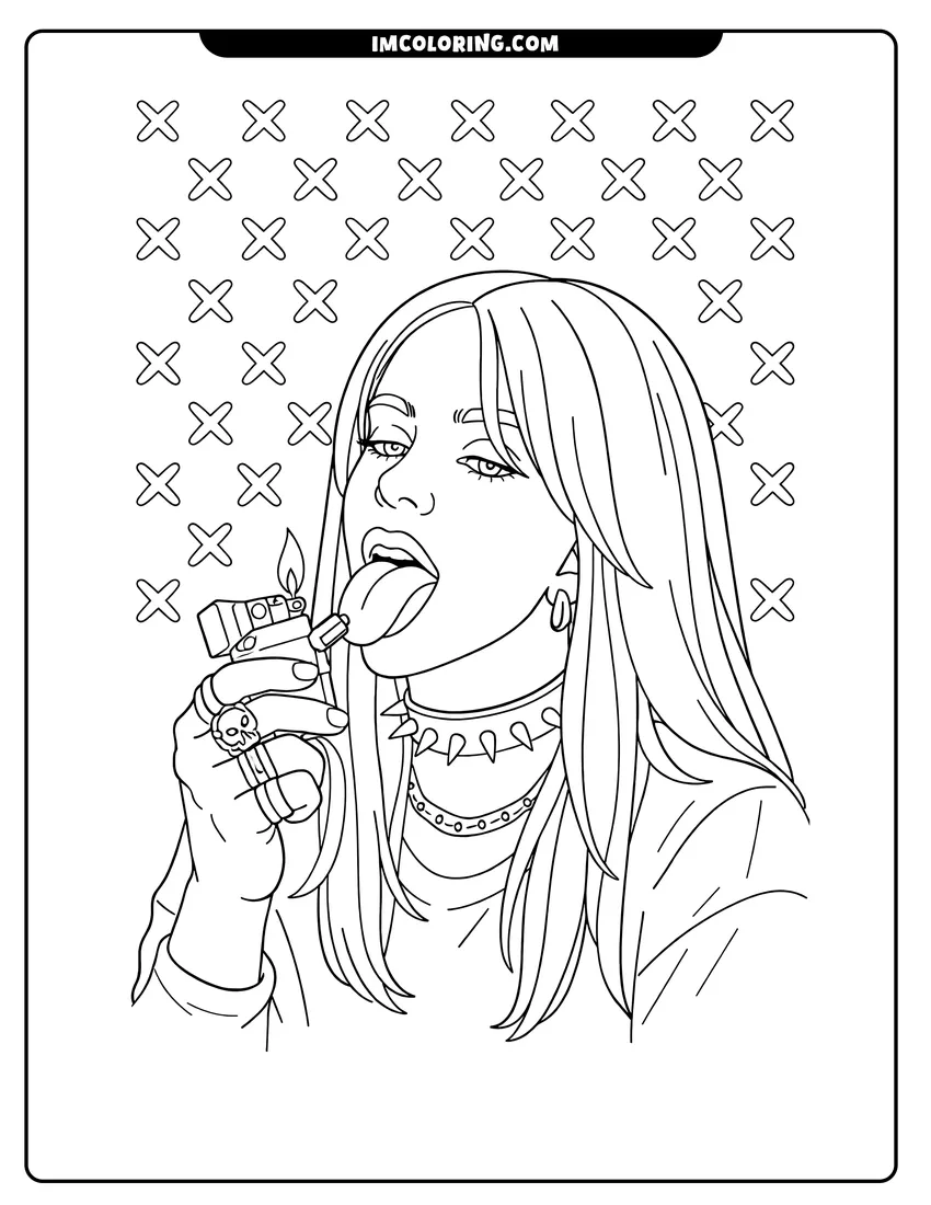 Printable coloring page featuring Billie Eilish with long hair holding a torch