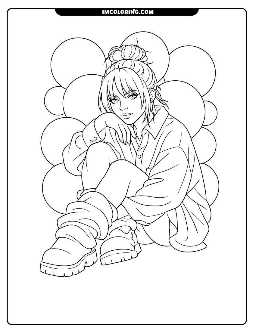 Black and white Billie Eilish wearing an oversized button-down shirt coloring sheet