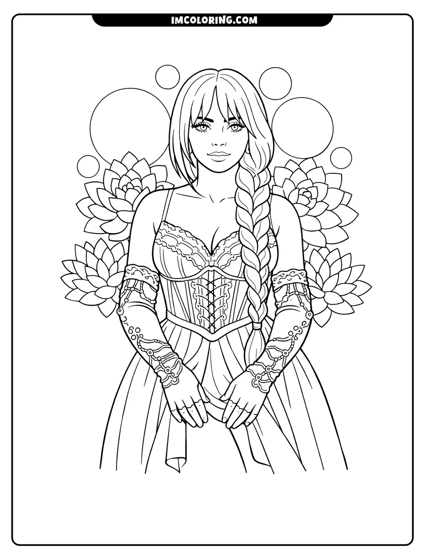 Billie Eilish wearing a gothic lace gown coloring page for preschoolers