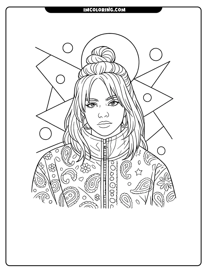 Outline of Billie Eilish wearing a high-collared paisley jacket on a white background