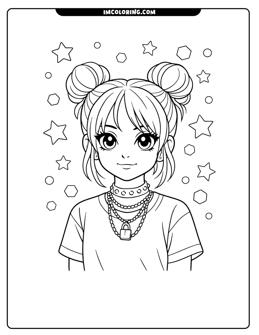 Line art depicting Stylized Billie Eilish with space buns and stars