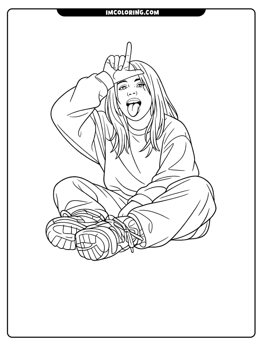 Printable Billie Eilish making an L sign on her forehead coloring activity