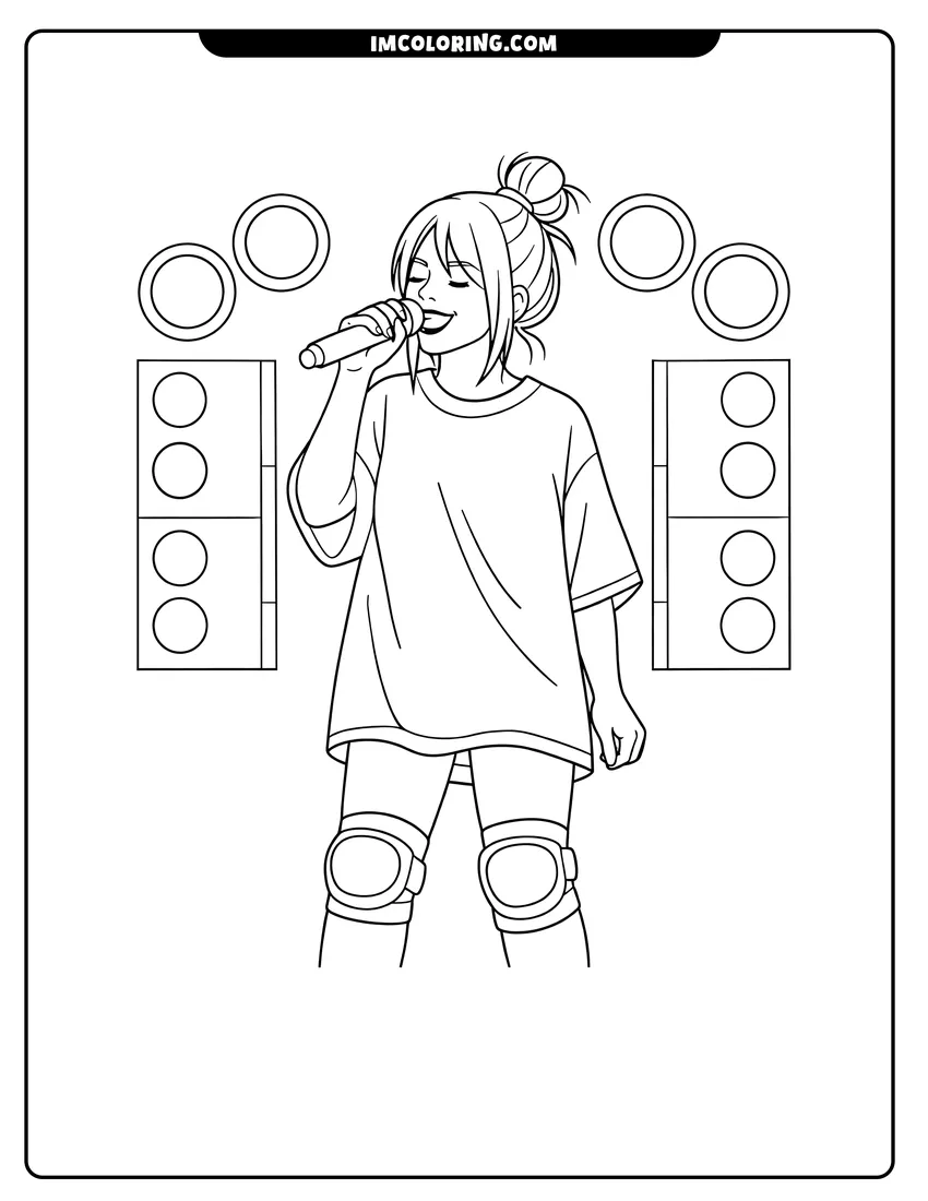 Coloring sheet of Billie Eilish singing on stage in skater outfit for kids
