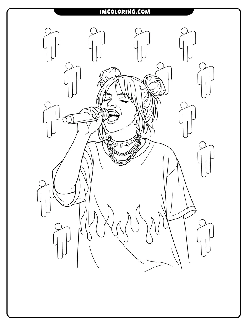Billie Eilish singing in a flame t-shirt drawing meant for coloring