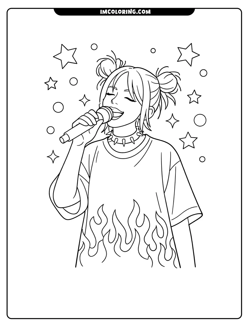 Detailed Billie Eilish singing with twin buns and stars design for coloring