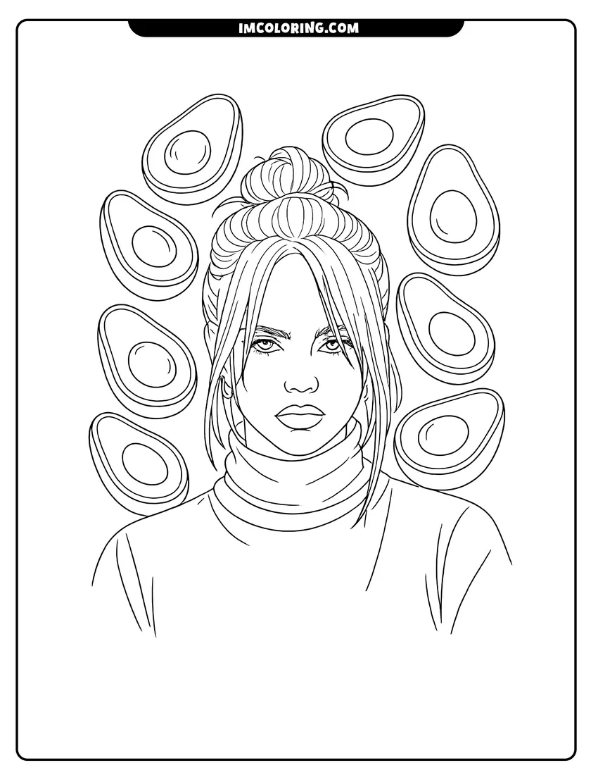 Scene showing Detailed portrait of Billie Eilish with avocado background to color