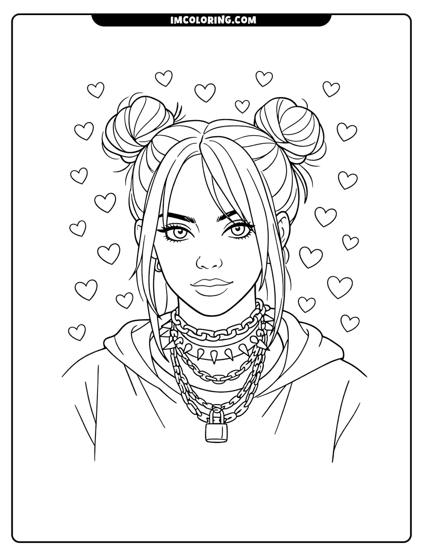 Illustration of Billie Eilish close-up with floating hearts ready for painting