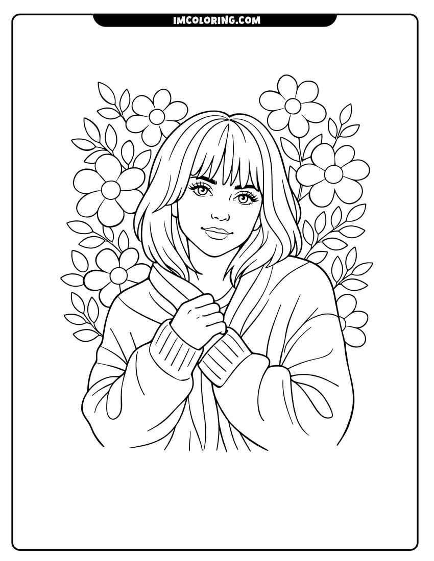 Simple sketch of Billie Eilish wrapping a cardigan near large flowers for children