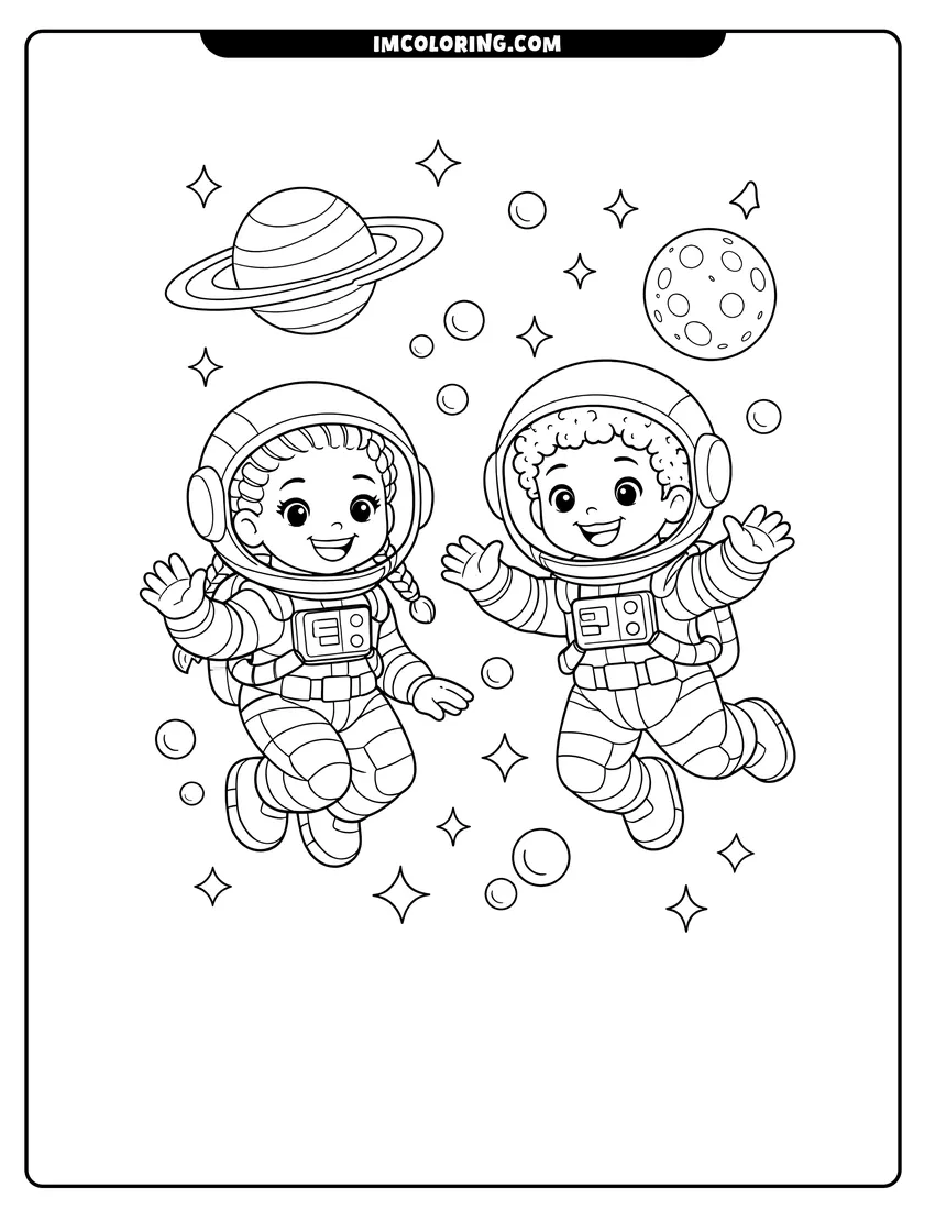 Kids activity sheet showing Black girl and boy astronauts floating in outer space