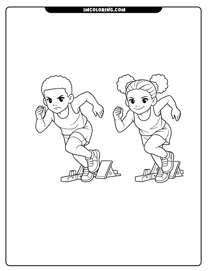 Simple sketch of Black girl and boy sprinting on a stadium track for children