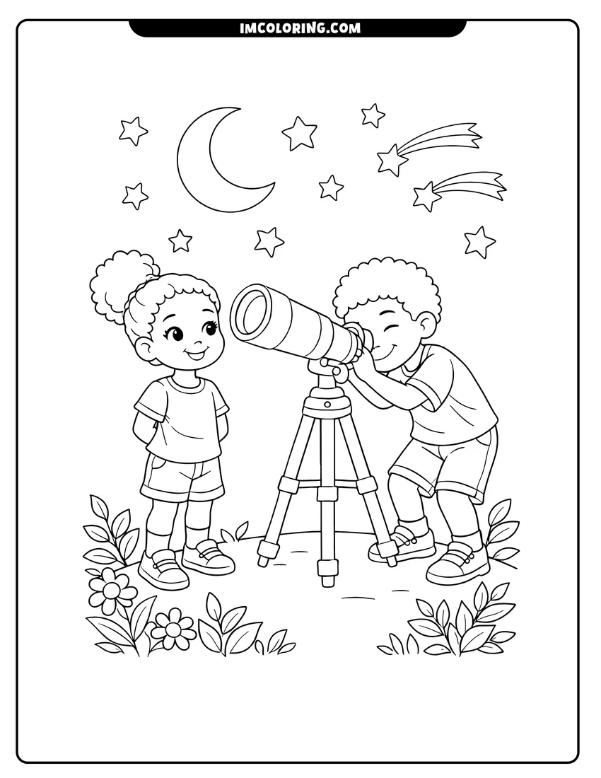 Printable Black girl and boy looking through a telescope coloring activity