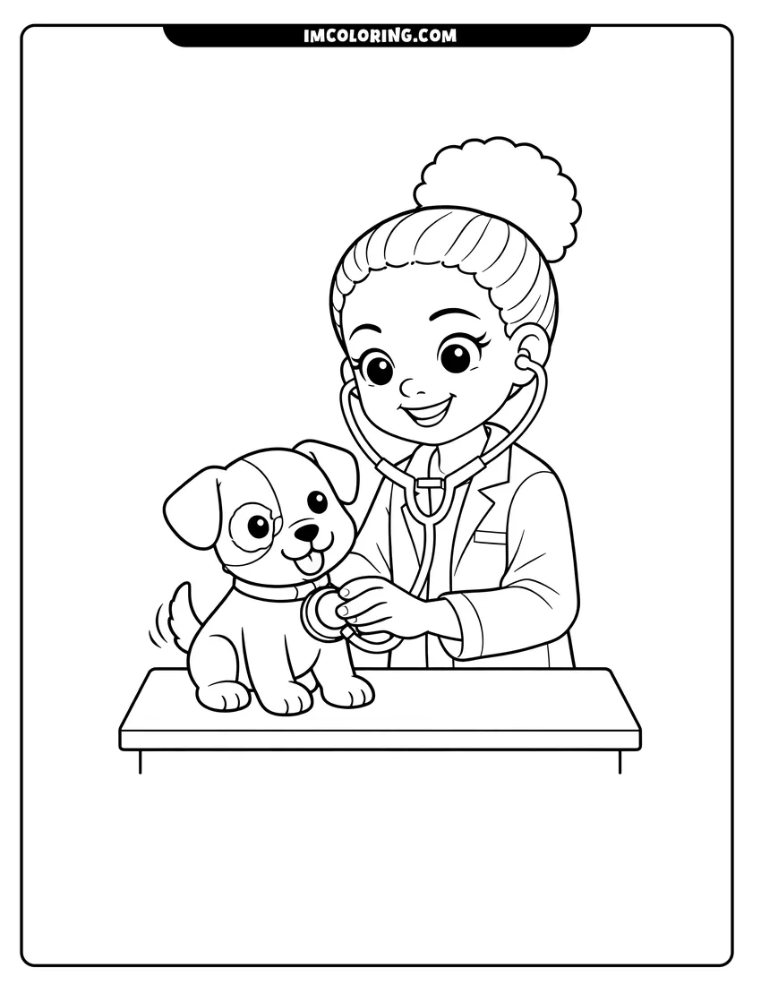 Cute Black girl veterinarian checking a cute puppy with a stethoscope outline for coloring