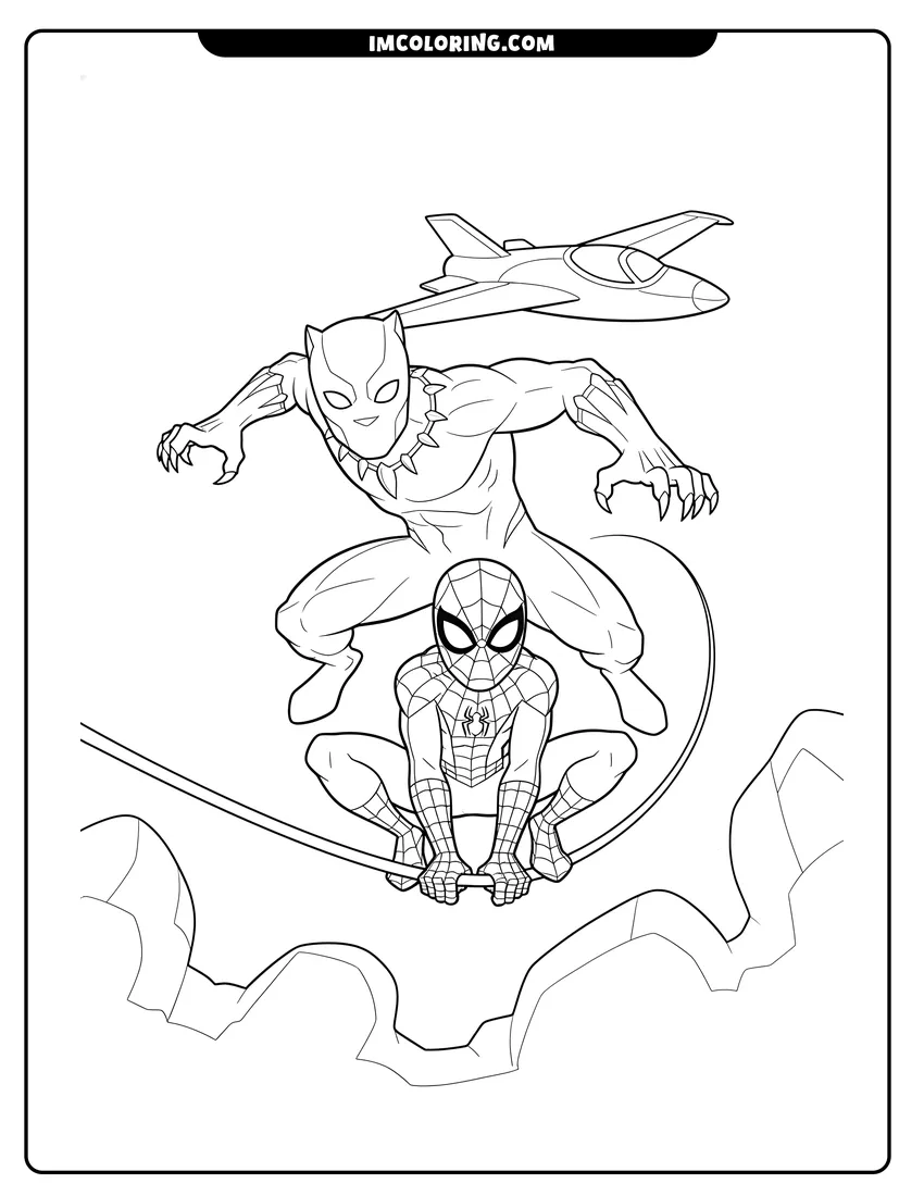 Printable Black Panther lunging with Spider-Man on a web line coloring activity