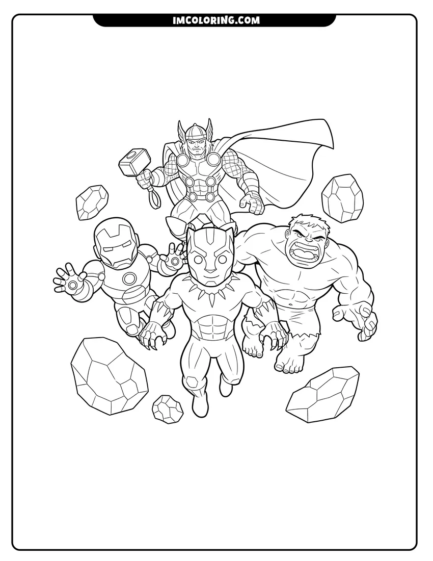 Coloring sheet of Black Panther, Iron Man, Hulk, and Thor together for kids