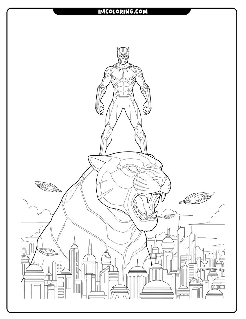 Printable outline of Black Panther on a panther-head rock overlooking Wakanda