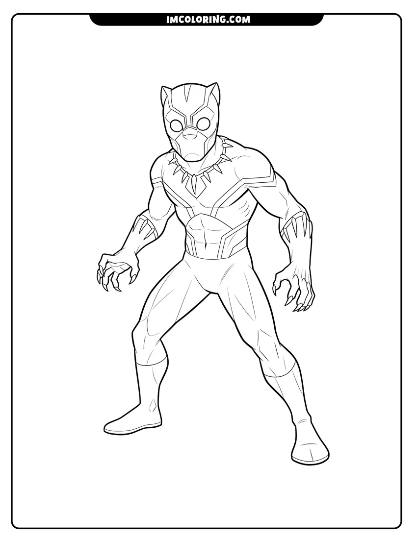 Detailed Black Panther in vibranium suit with extended claws design for coloring