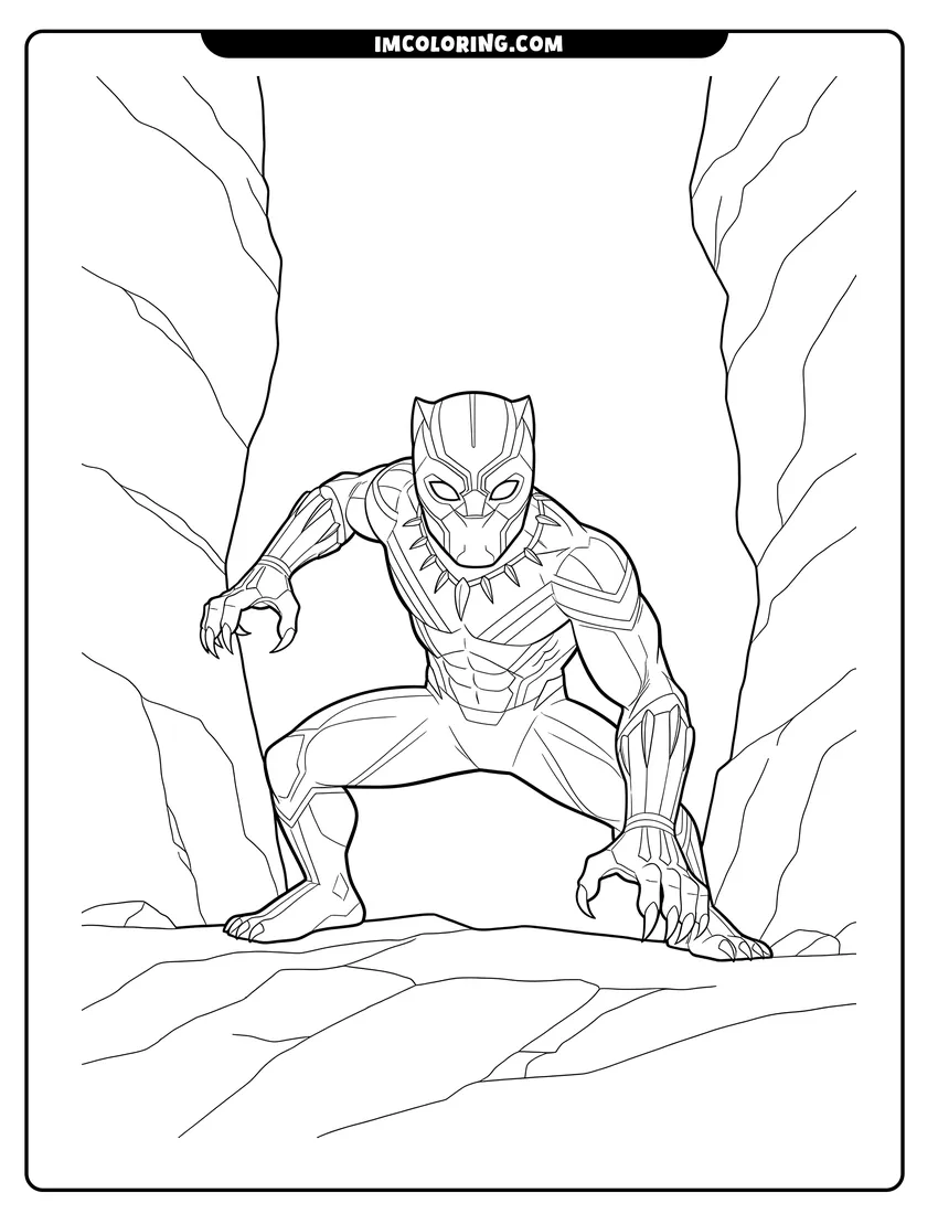 Black and white Black Panther in attack stance on a rocky ledge coloring sheet