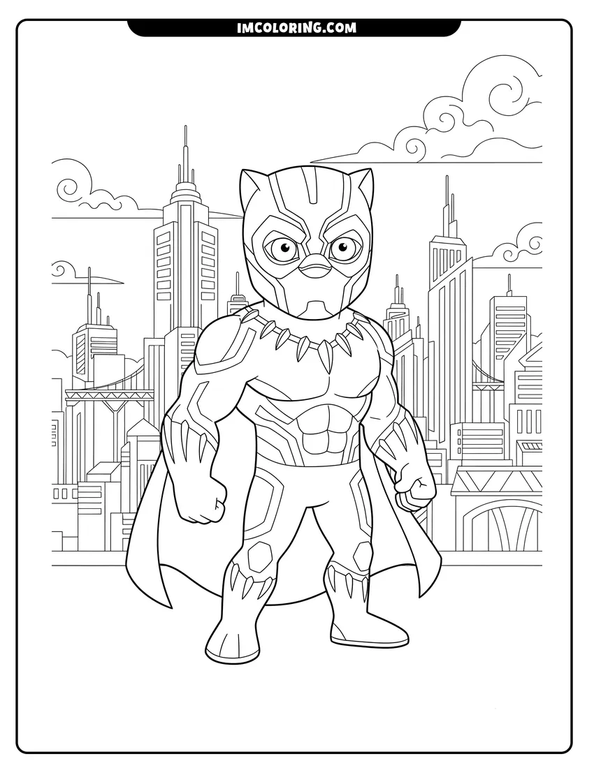Kids activity sheet showing Black Panther standing in front of Wakanda skyscrapers