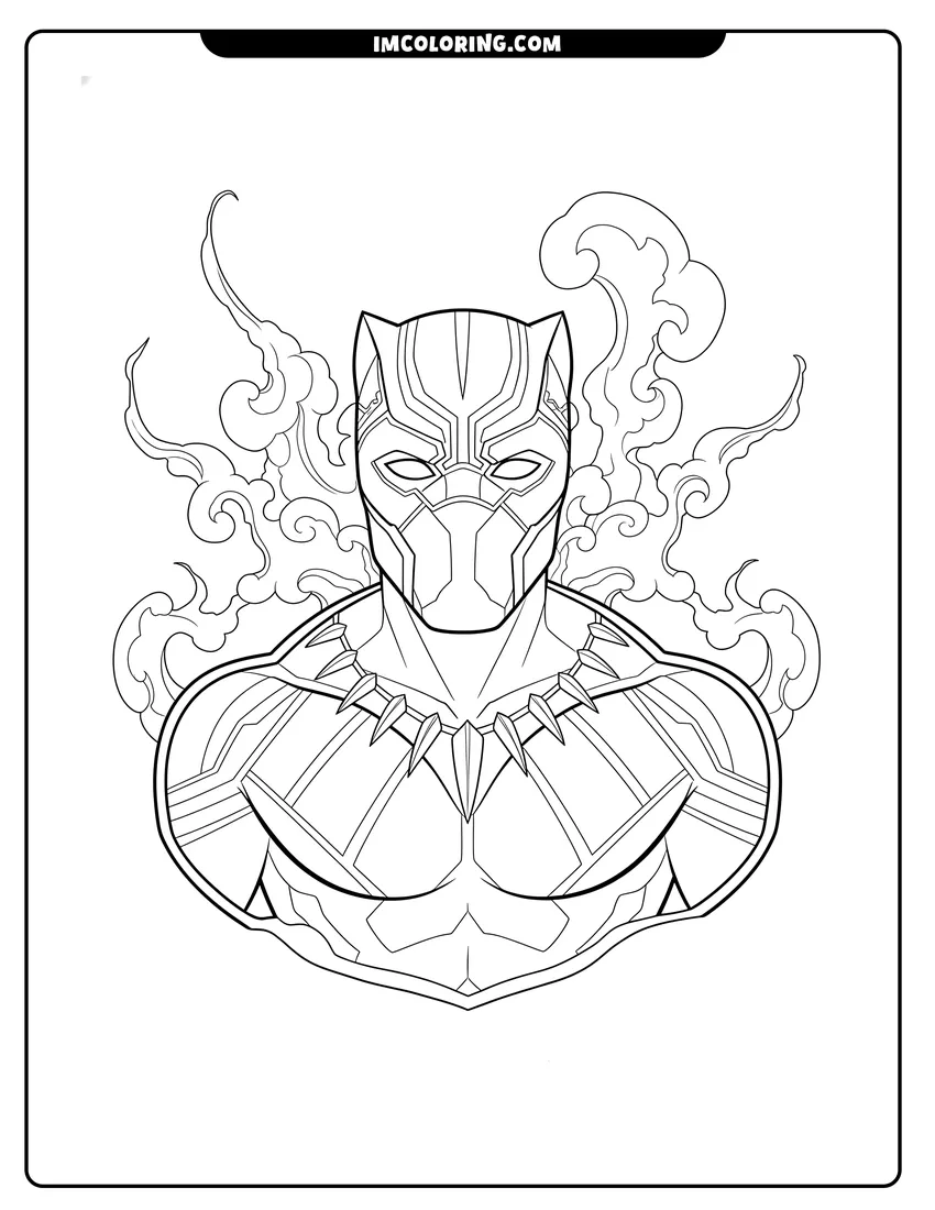 Bust of Black Panther with claw necklace and smoke drawing meant for coloring