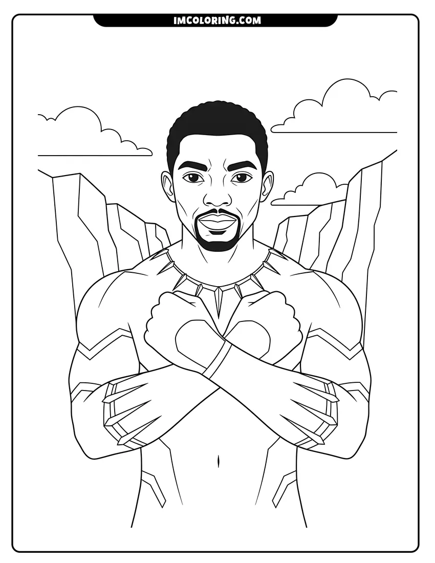 Simple sketch of Chadwick Boseman as Black Panther doing the Wakanda salute for children