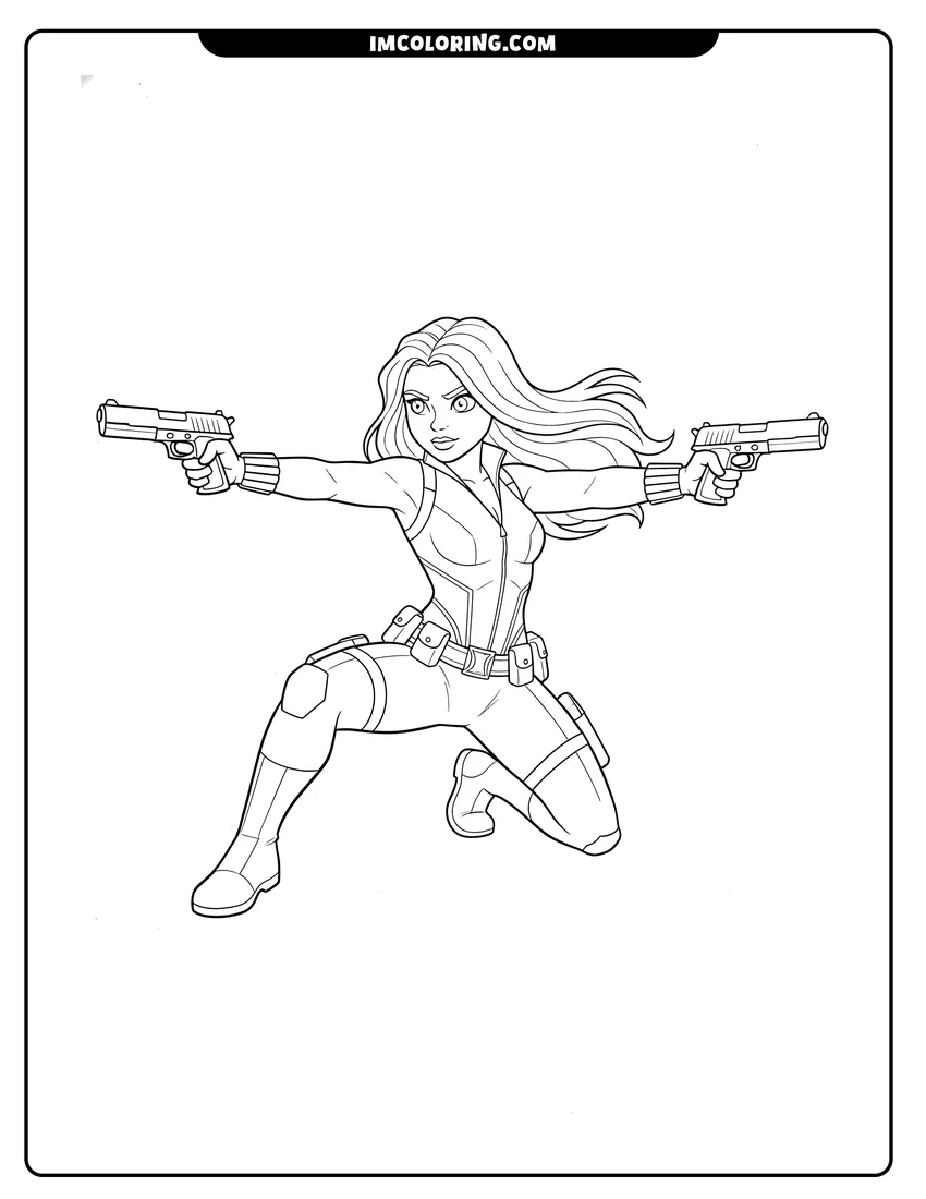 Line art depicting Black Widow in tactical suit with gauntlets kneeling