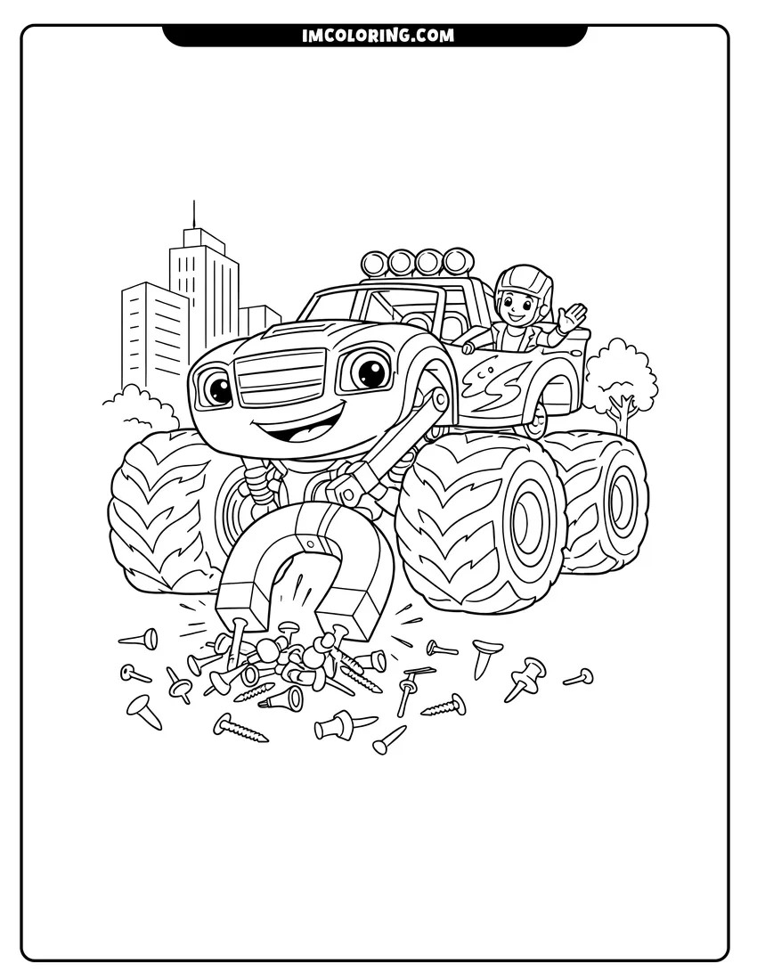 Black and white Blaze the monster truck using a magnet in the city coloring sheet