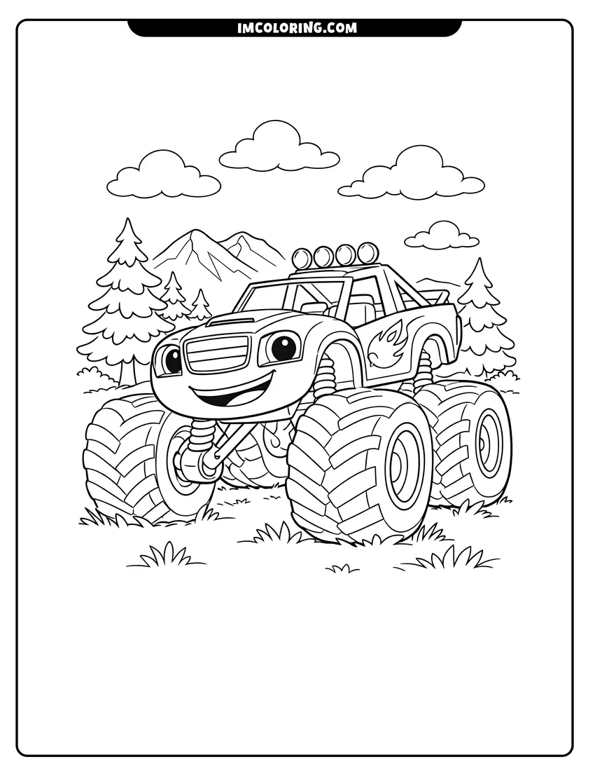 Cute Blaze the monster truck in a mountain landscape outline for coloring