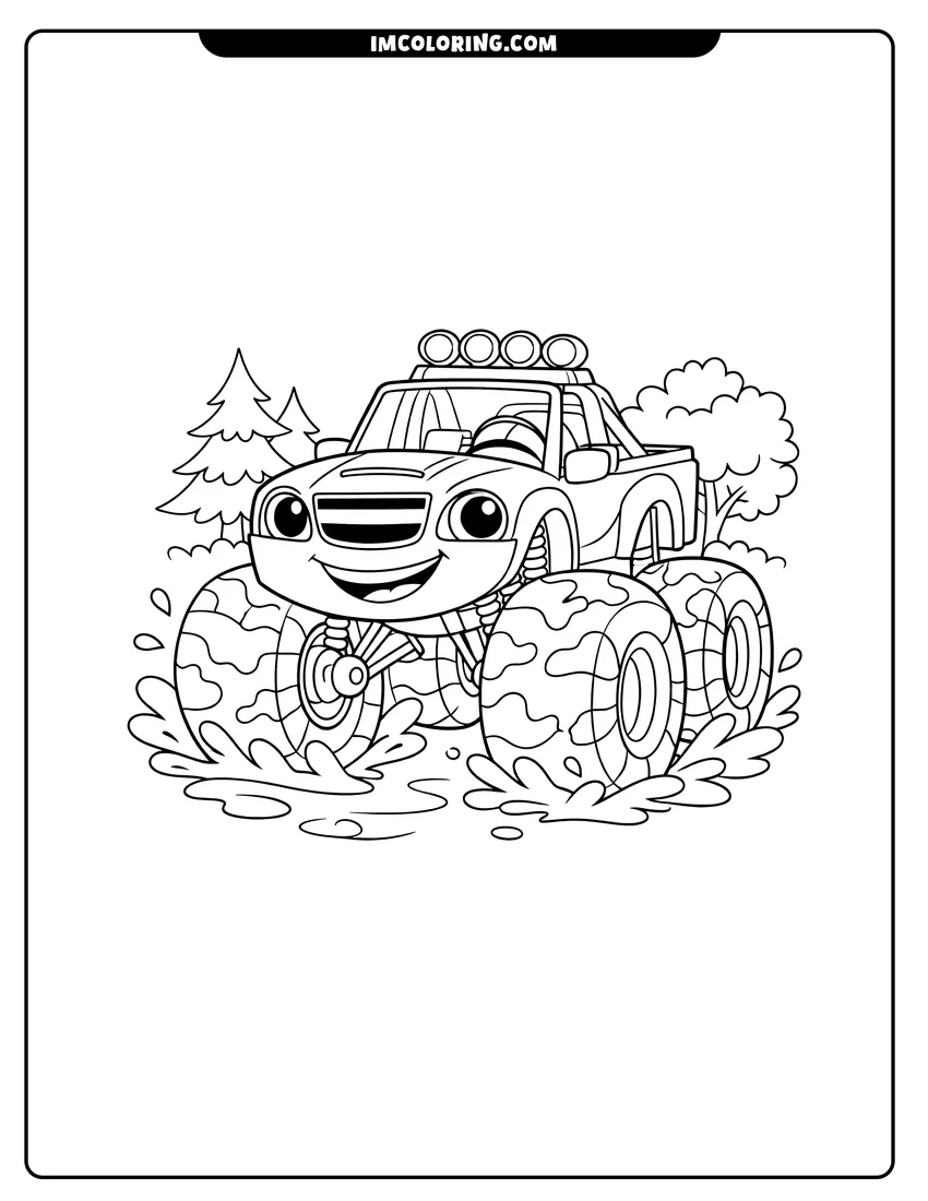 Illustration of Blaze the monster truck splashing in a puddle ready for painting