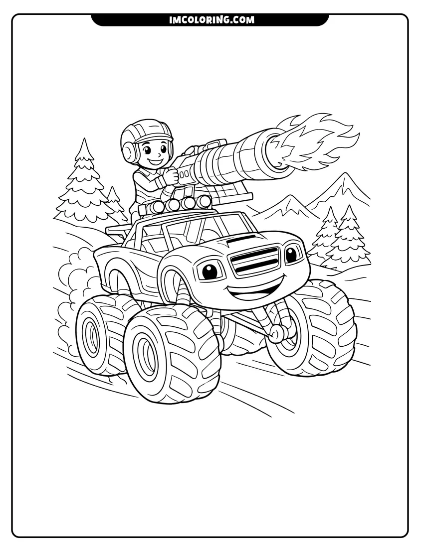 Scene showing Blaze and AJ using a heat cannon in snow to color