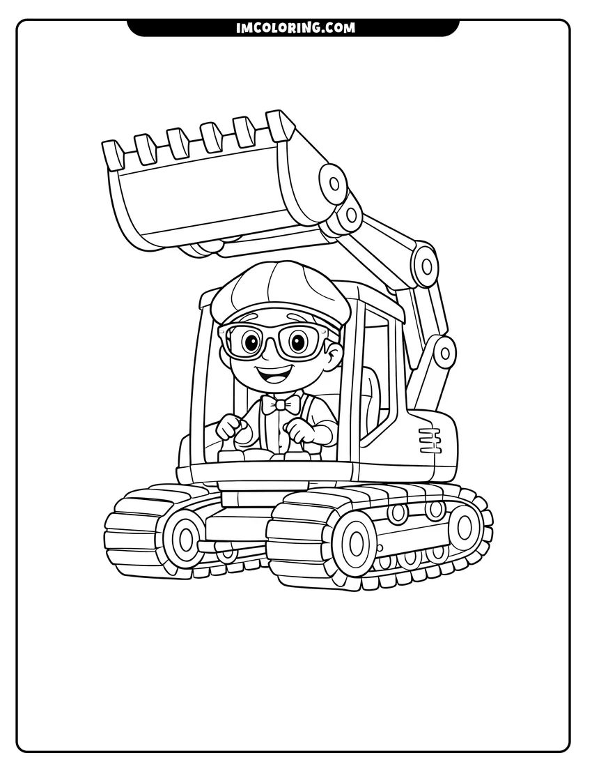 Simple line drawing of Cute Blippi sitting inside a construction digger machine