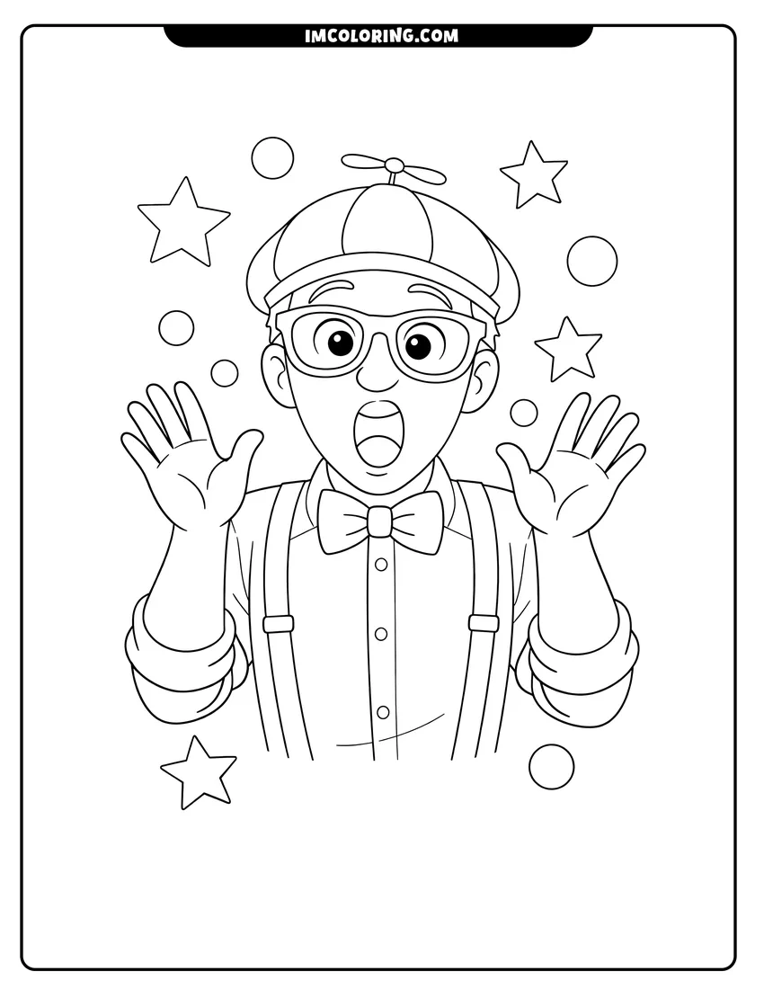 Line art depicting Blippi with hands raised surrounded by stars and circles