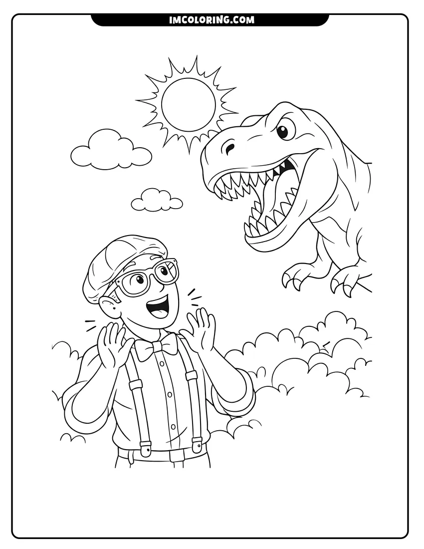 Illustration of Blippi looking up at a large T-Rex in nature ready for painting