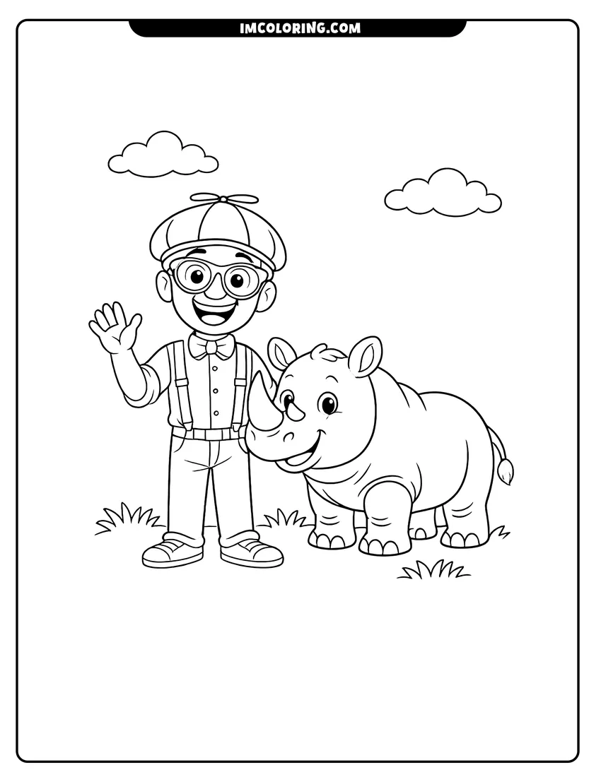 Simple sketch of Blippi Character standing next to a cartoon rhinoceros for children