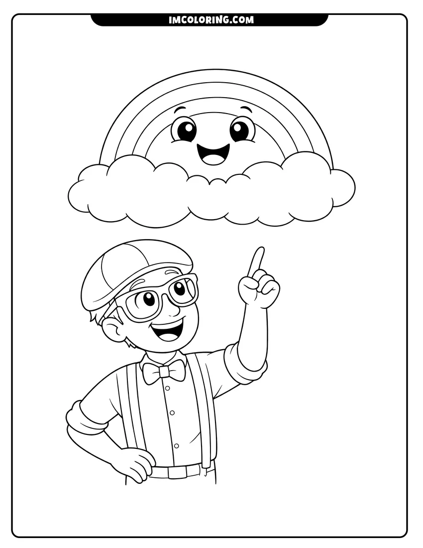 Printable Blippi Character pointing at a smiling rainbow coloring activity