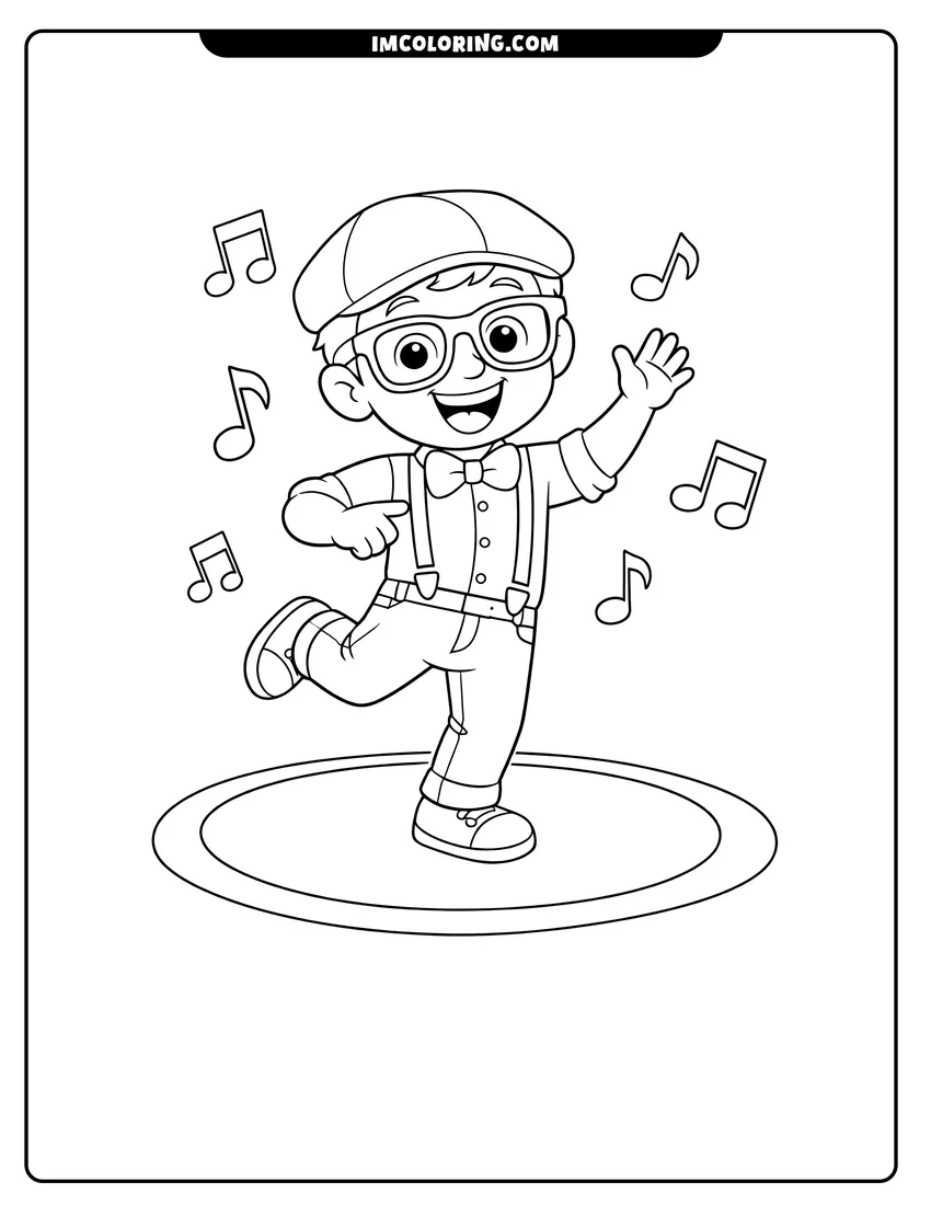 Outline of Blippi Character dancing with musical notes on a white background