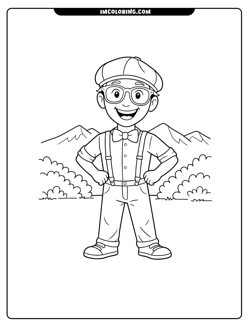Easy-to-color Blippi Character standing in a nature field illustration