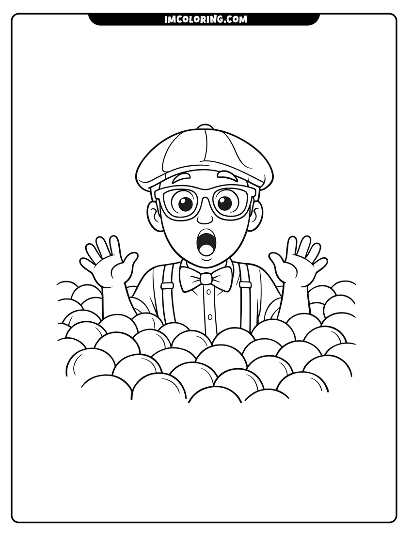 Easy-to-color Blippi Character standing in a ball pit illustration